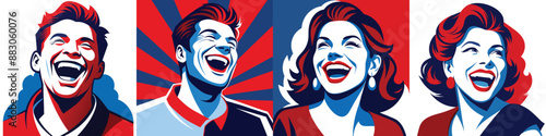 Laughing man woman in pop art style, joy happiness laughter smiling