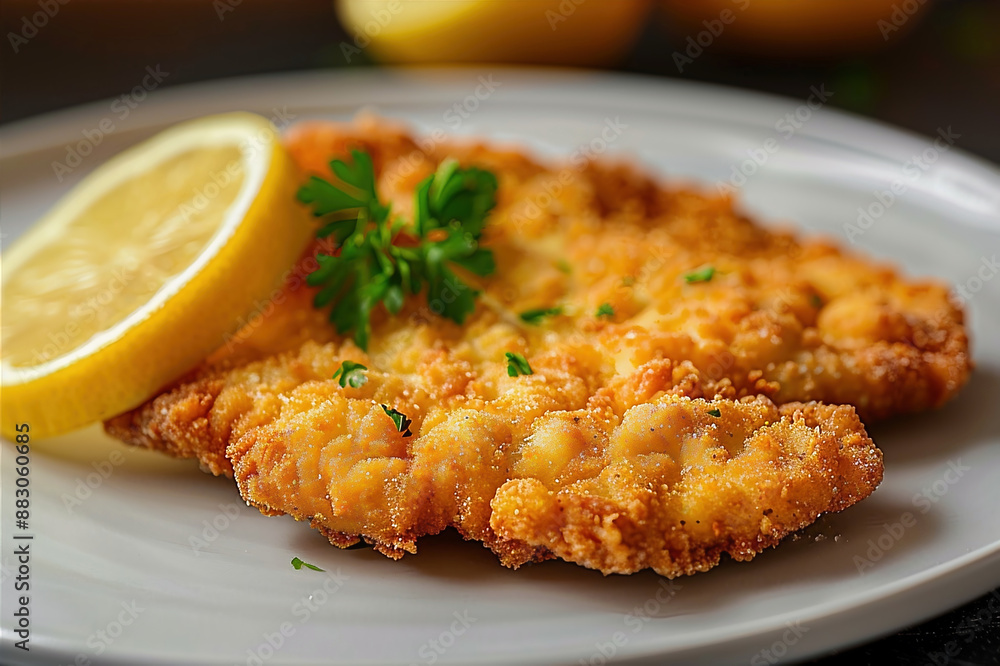 Austrian Wiener schnitzel, thin, breaded veal cutlet that is pan-fried until golden brown and crispy Austrian Wiener schnitzel, thin, breaded veal cutlet that is pan-fried until golden brown and crispy