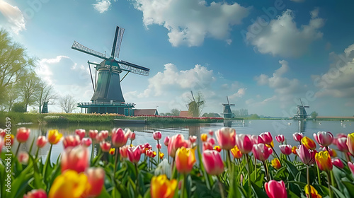 Beautiful colorful tulip field and traditional windmill at waterfront in country side.