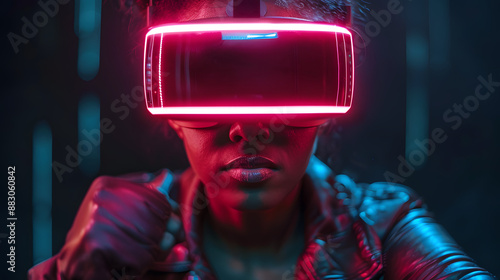 Close-up of a person wearing futuristic VR headset with neon pink glow in a dimly lit room, embodying technology and virtual reality experience.