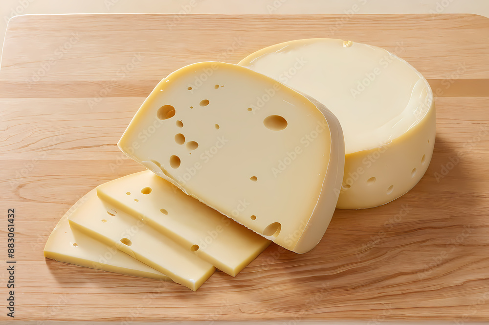 Sliced Swiss cheese on a wooden board Sliced Swiss cheese on a wooden board