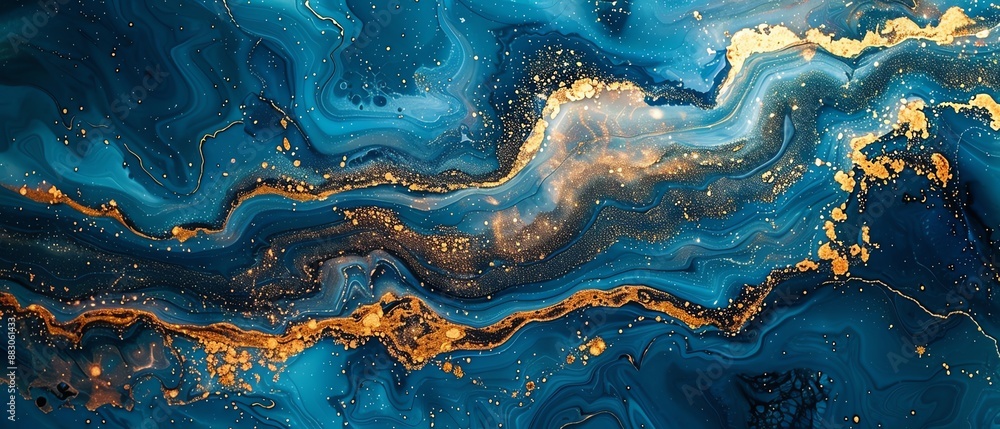 Fototapeta premium Abstract blue and gold swirling paint texture.