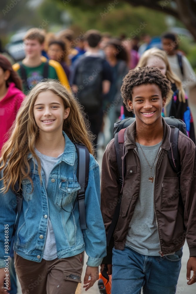 mixed race teen Students walking to school together, looking to camera. ai generated