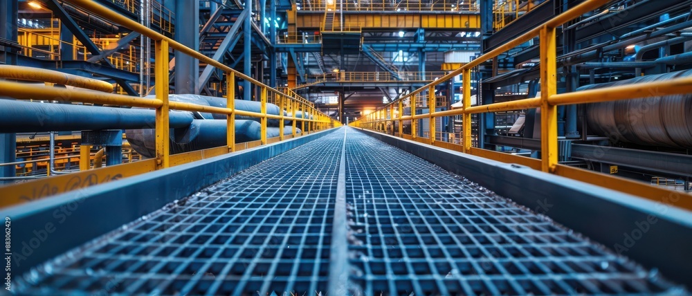 Low-angle shot of industrial interior walkway with steel grating Low-angle shot of industrial interior walkway with steel grating