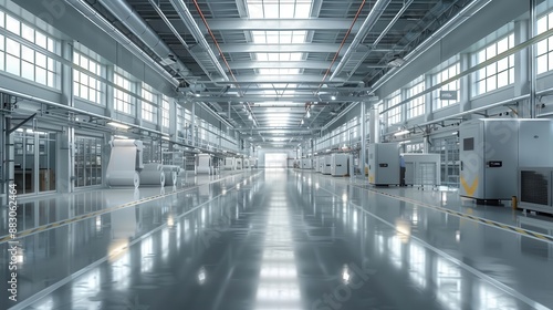 Wide-angle view of a modern, clean, and empty industrial warehouse interior with bright natural lighting and reflective floors © rookielion