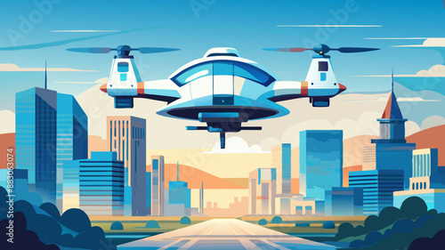 futuristic roto passenger drone flying in the sky over city for future air transportation and robotaxi concept with copy space area