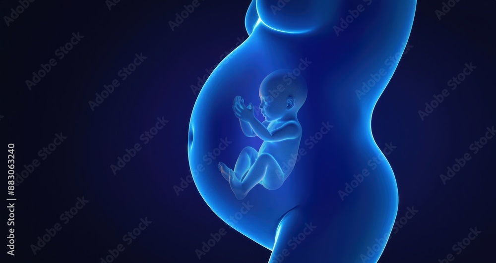A digital illustration blue human belly with baby inside set against blue background fetus concept A digital illustration blue human belly with baby inside set against blue background fetus concept