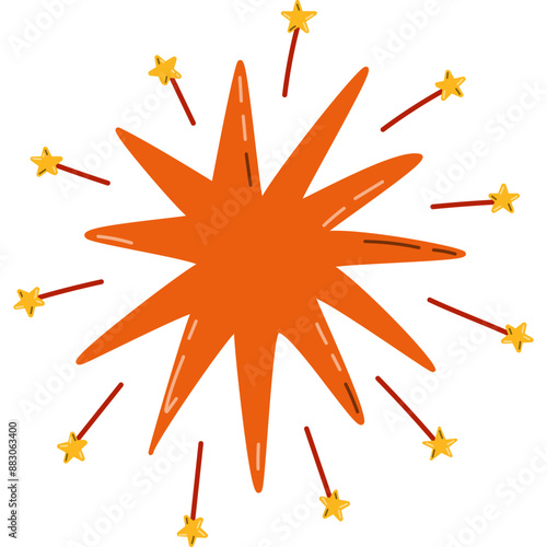 Cute hand drawn exploding star with twinkles clipart. Cartoon Sparkling magical star dust, comet shower. Astrology, astronomy, Christmas element. Universe shine, light, stardust