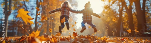 Kids jumping into a pile of leaves on school grounds, playfulness concept, focus on, autumn theme, dynamic, double exposure, playground backdrop photo