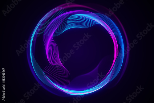 Fotografie Abstract digital neon waves forming a circular pattern on a dark blue background, illustrating a concept of tech elegance