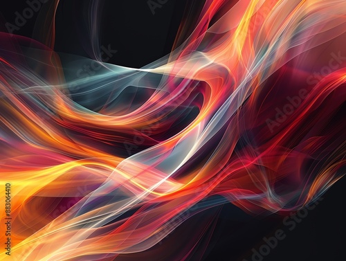 Abstract digital art featuring swirling, colorful smoke-like forms against a black background.