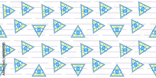 Outline blue eye with a light blue iris pupil in a yellow triangle on a white background with grey stripes. Simple endless texture with all seeing eye symbol. Eye of providence and omniscience symbol