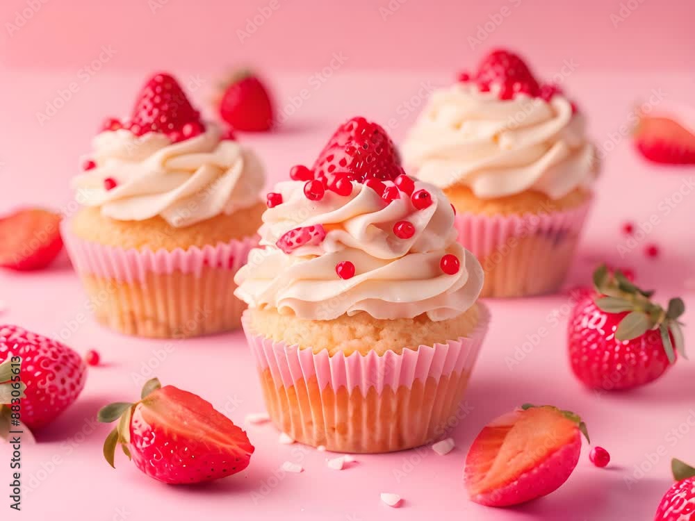 Delicious cupcakes with strawberries and cream on a pink background Delicious cupcakes with strawberries and cream on a pink background