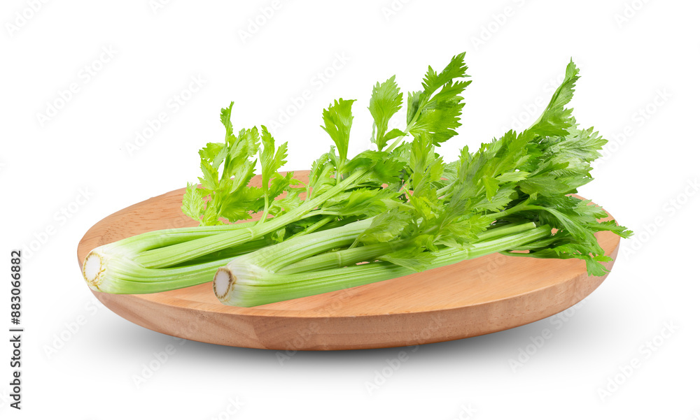 Fresh celery in wood plate isolated on transparent png Fresh celery in wood plate isolated on transparent png