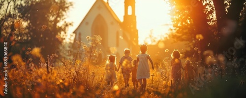 Silhouettes of children walking past a church at sunset.