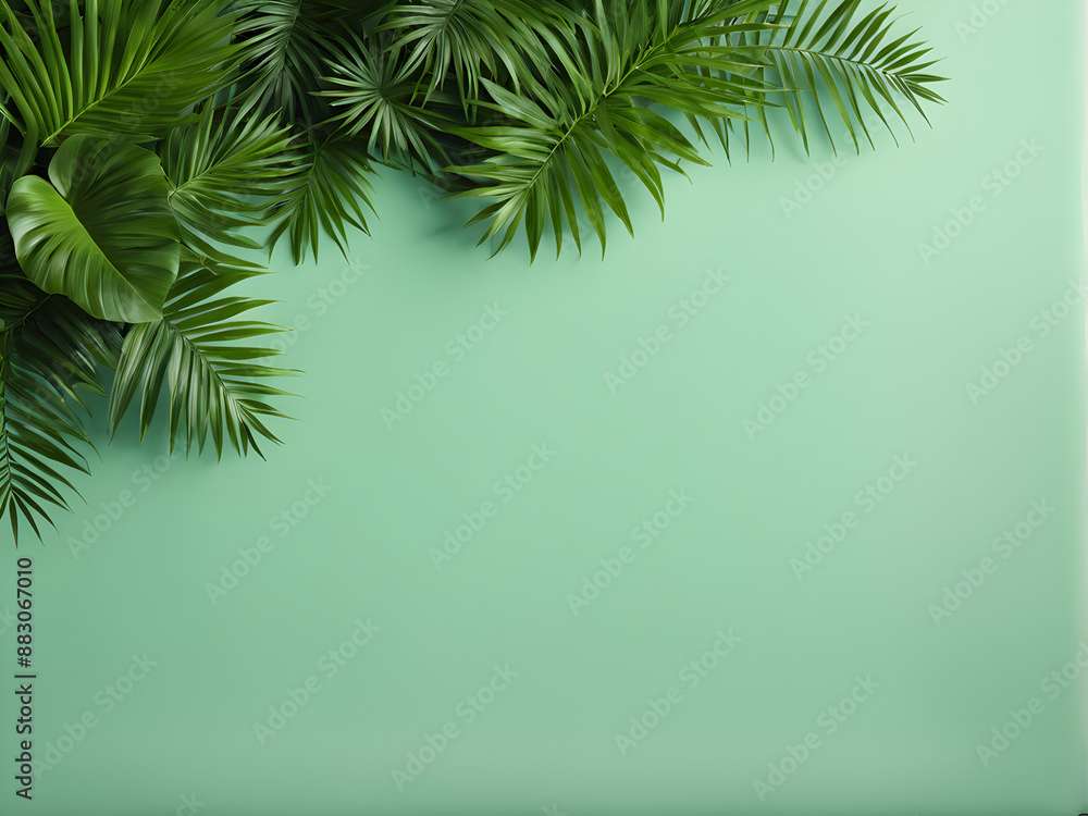 Tropical palm leaves on green background. Flat lay, top view Tropical palm leaves on green background. Flat lay, top view