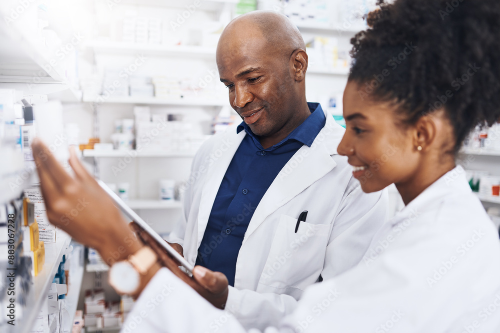 Healthcare, pharmacist and black people or tablet in clinic of medicine stock, reading and check for label information. Woman, man and digital Telehealth for medical inventory, inspection and retail Healthcare, pharmacist and black people or tablet in clinic of medicine stock, reading and check for label information. Woman, man and digital Telehealth for medical inventory, inspection and retail