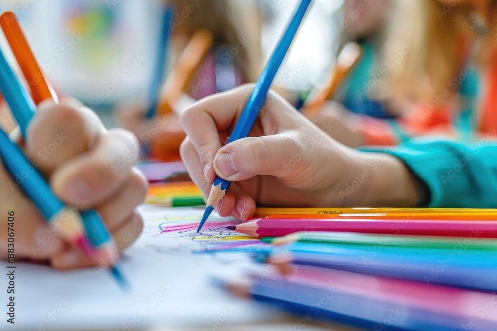 Close-up of hands drawing with colorful pencils, focusing on creativity and learning. Close-up of hands drawing with colorful pencils, focusing on creativity and learning.