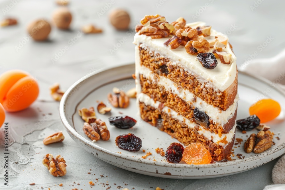 slice of carrot cake with walnuts, prunes and dried apricots on ceramic plate, white background slice of carrot cake with walnuts, prunes and dried apricots on ceramic plate, white background