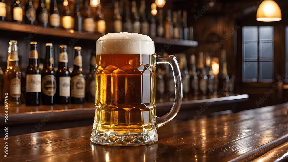 Glass of beer on a bar counter in a pub or restaurant. Glass of beer on a bar counter in a pub or restaurant.