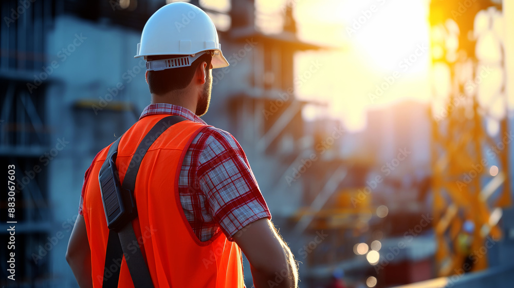 A construction worker in safety gear overseeing a building site during sunrise. A construction worker in safety gear overseeing a building site during sunrise.