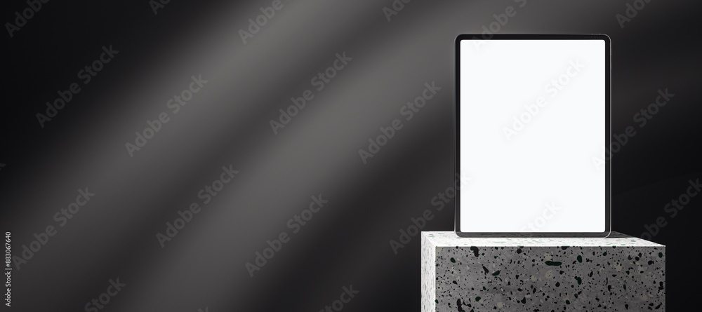 Digital tablet with blank screen on terrazzo podium, dark abstract background, concept of technology presentation. 3D Rendering Digital tablet with blank screen on terrazzo podium, dark abstract background, concept of technology presentation. 3D Rendering