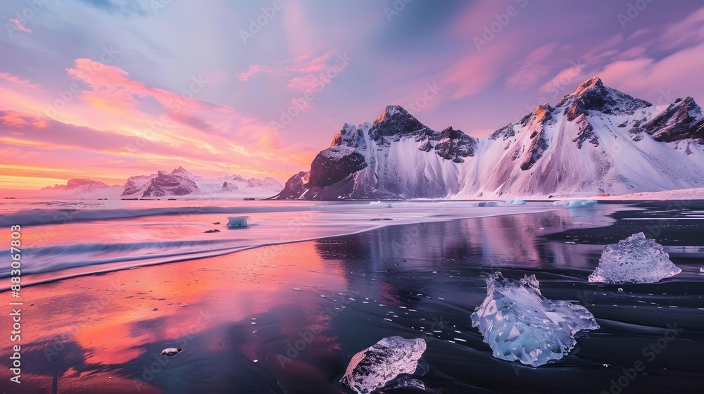 Naklejka premium Icebergs on black sand beach with a colorful sunrise and snow-covered mountains in the background. 