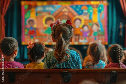 Young children watch a puppet show with colorful stage backdrop.