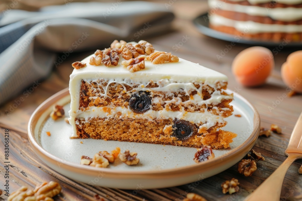 slice of carrot cake with walnuts, prunes and dried apricots on ceramic plate, wooden background slice of carrot cake with walnuts, prunes and dried apricots on ceramic plate, wooden background
