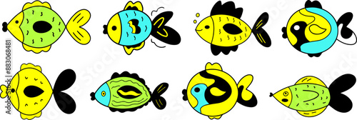 Set of hand drawn funny fishes in sketch style. Vector decorative marine cute collection