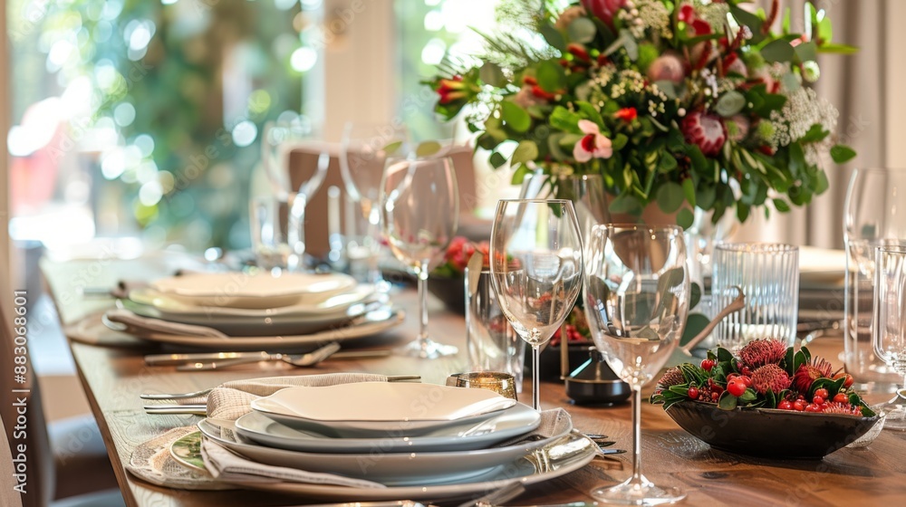 Elegant Table Setting with Flowers and Wine Glasses. Elegant Table Setting with Flowers and Wine Glasses.