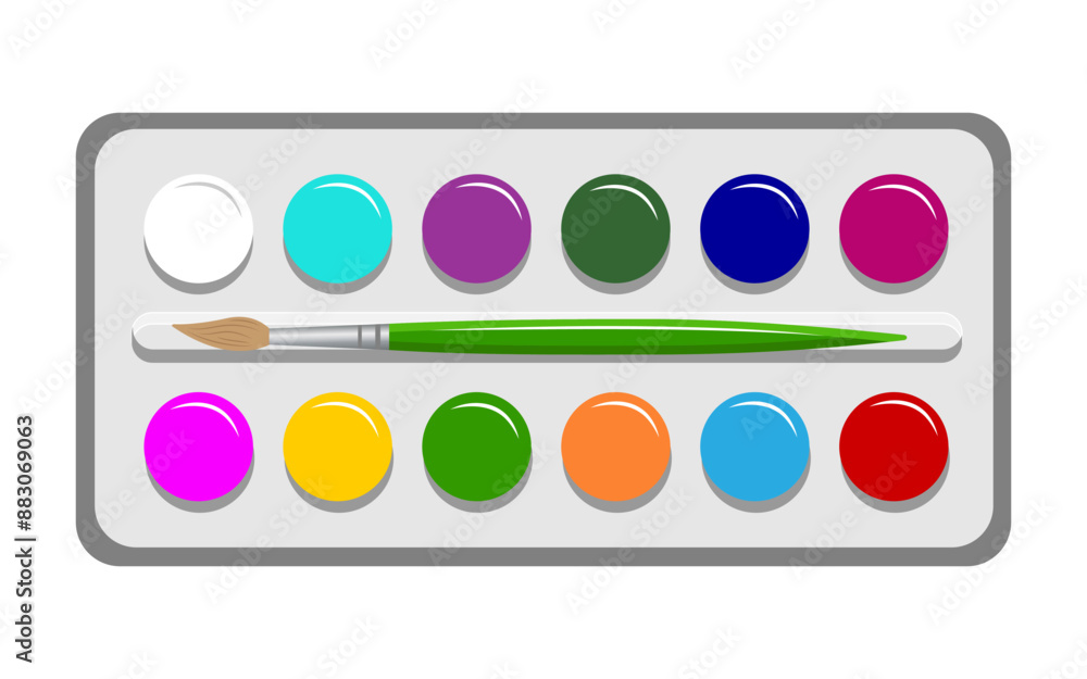 Box with Watercolor paints with Brush, top view on white background. Colorful Watercolor palette. Element Back to School. Watercolor paints for posters, banners, social networks. Box with Watercolor paints with Brush, top view on white background. Colorful Watercolor palette. Element Back to School. Watercolor paints for posters, banners, social networks.