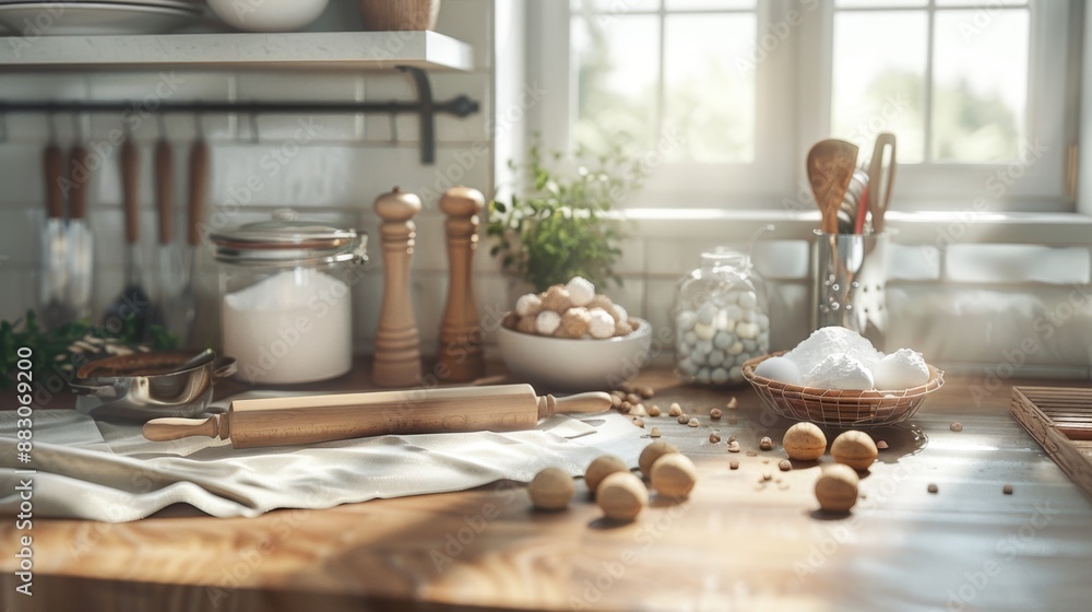 Kitchen Countertop with Rolling Pin and Ingredients. Kitchen Countertop with Rolling Pin and Ingredients.