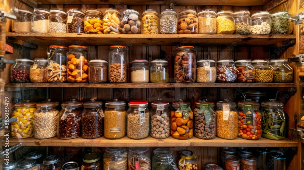Glass Jars of Food on Wooden Shelves. Glass Jars of Food on Wooden Shelves.