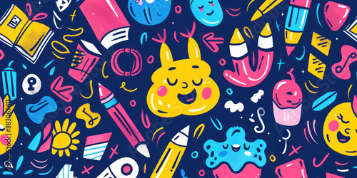 A lively back-to-school themed illustration featuring colorful stationery items such as pencils, books, and erasers, along with playful cartoon characters