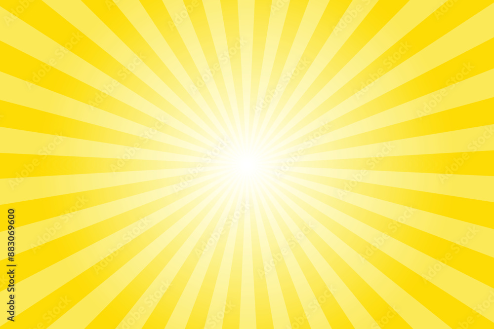 Yellow background with white sun ray. Pattern of starburst. Abstract hot yellow texture with light of sunburst. Radial beam of sunlight. Retro background with flash. Design of sunbeams. Yellow background with white sun ray. Pattern of starburst. Abstract hot yellow texture with light of sunburst. Radial beam of sunlight. Retro background with flash. Design of sunbeams.