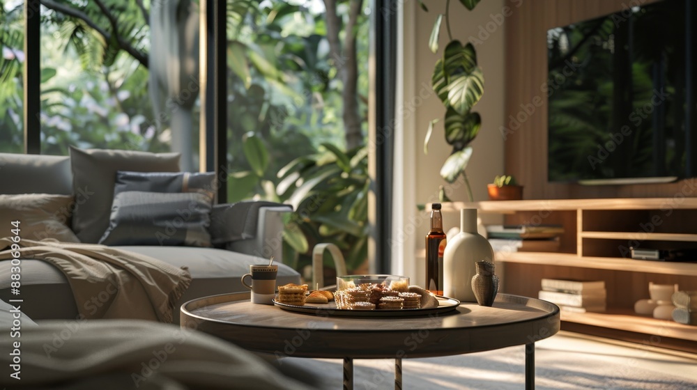 Modern Living Room with Coffee Table and Snacks. Modern Living Room with Coffee Table and Snacks.