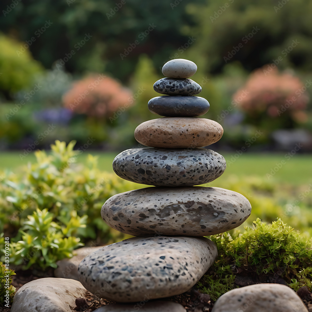 Concept image of a set of perfectly balanced stones stacked in a zen garden with a soft, blurred background with copy space Concept image of a set of perfectly balanced stones stacked in a zen garden with a soft, blurred background with copy space