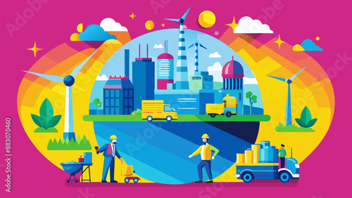 Green industry eco power for sustainable energy environmental friendly low carbon footprint. Green factory industry for good environment ozone air low carbon