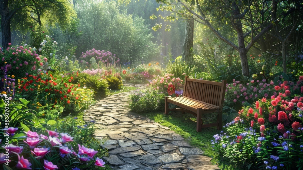 Serene Stone Path Through a Flower Garden. Serene Stone Path Through a Flower Garden.