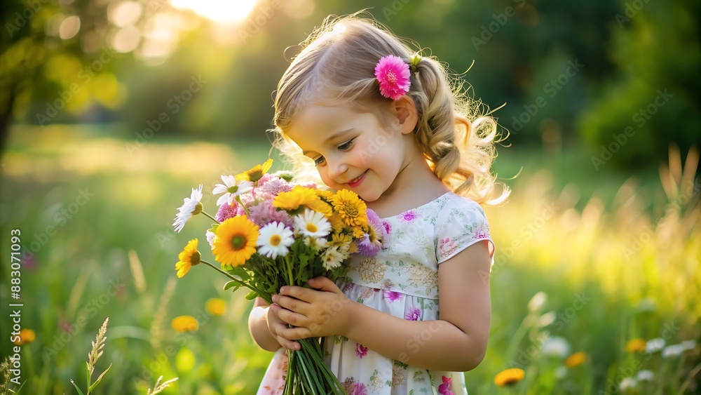 Little Girl Smelling Flowers in a Field. Little Girl Smelling Flowers in a Field.