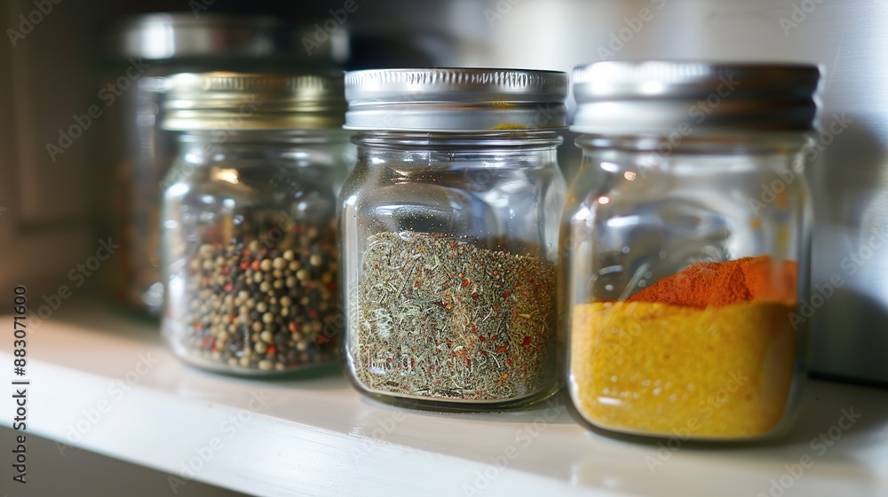 Three Jars of Spices on the Kitchen Shelf Three Jars of Spices on the Kitchen Shelf
