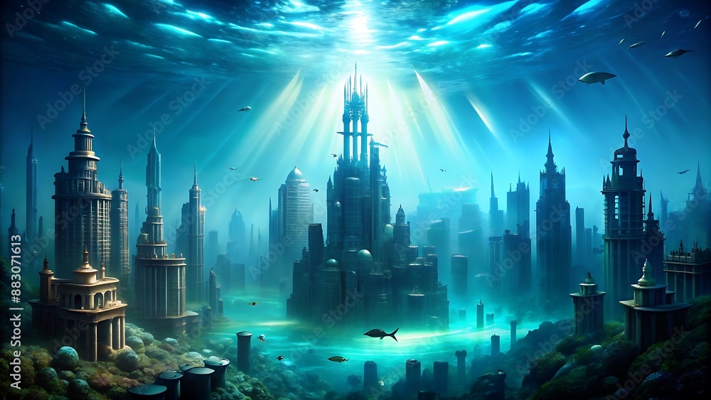 Fototapeta premium Underwater Cityscape with Sunbeams.
