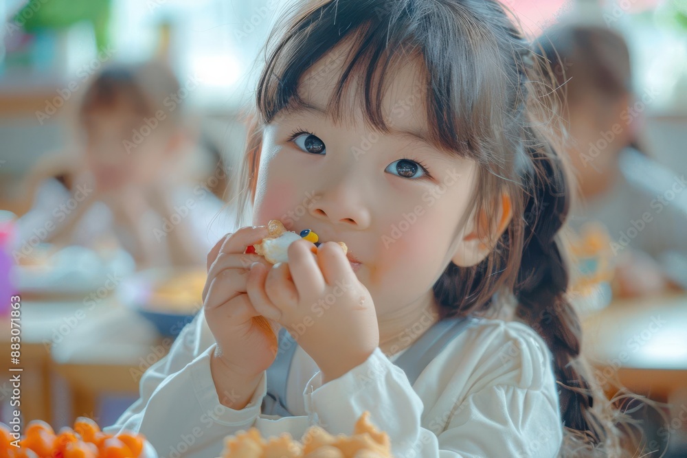 A young girl with long black hair smiles while eating a snack at a table. She is surrounded by other children. She is wearing a white shirt. A young girl with long black hair smiles while eating a snack at a table. She is surrounded by other children. She is wearing a white shirt.