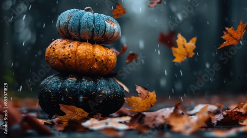 Three colorful pumpkins are stacked outdoors, surrounded by vibrant autumn leaves, creating a seasonal, atmospheric, and slightly whimsical scene with a touch of nostalgia.
