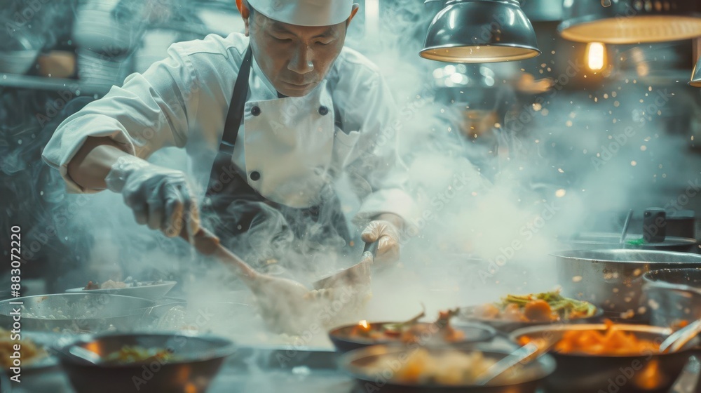 A chef stirs a sizzling pan of food in a busy kitchen, surrounded by steam and other dishes. A chef stirs a sizzling pan of food in a busy kitchen, surrounded by steam and other dishes.