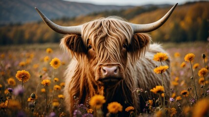 Deken met foto Schotse hooglander Hooglander tussen gele en paarse bloemen  © ArtistiKa