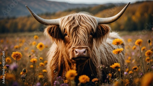 A fluffy Highland cow with large horns standing in a picturesque field covered with yellow and purple flowers.