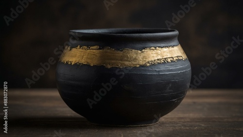 Elegant black pottery bowl featuring a striking gold accent stripe, displayed against a wooden background in soft lighting.