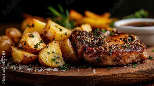 A succulent grilled steak, seasoned to perfection, paired with crispy roasted potatoes and fresh herbs, all beautifully presented on a wooden plank in a cozy dining setting. photo